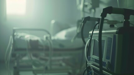 Poster - Emergency room defibrillator, close-up in fog, no humans, soft focus, dim light 