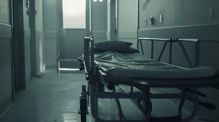 Poster - Close-up of emergency room gurney, foggy, deserted, muted tones, ambient lighting 