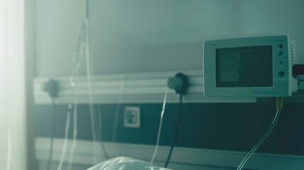 Poster - Hospital emergency room monitor, close-up in fog, deserted, soft focus, dawn ambiance