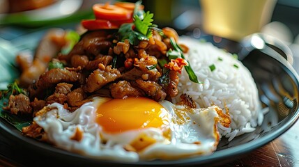 Wall Mural - Close-up of Pad Krapow Moo Krob with steam rice, crispy pork, and a fried egg, beautifully plated, macro digital photography