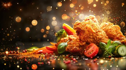 Wall Mural - Delicious golden fried chicken with vibrant side veggies and spices, set against a dark background with shining light effects