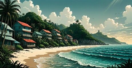 ocean beach shore with crashing waves and village town of homes on tropical coast. island sea water reflections under moon at night and sunset under blue sky with palm trees.