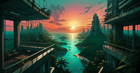 Wall Mural - futuristic tropical city buildings balcony view from skyscraper over ocean seashore water sunset night. overgrown exterior terrace over the sea under sun and clouds. wallpaper background.