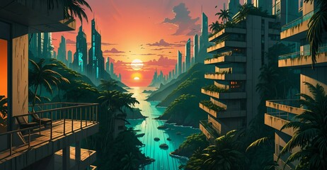 Wall Mural - futuristic tropical city buildings balcony view from skyscraper over ocean seashore water sunset night. overgrown exterior terrace over the sea under sun and clouds. wallpaper background.