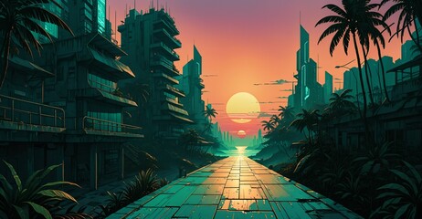 Sticker - cyberpunk lo-fi sci-fi tropical city street with palm trees and buildings. narrow town road by the beach at sundown sea sunset in summer. landscape cityscape wallpaper background