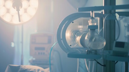 Poster - Close-up of operating room anesthesia machine, foggy, no people, soft focus, dawn light 