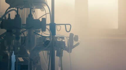 Close-up of operating room anesthesia machine, foggy, no people, soft focus, dawn light 