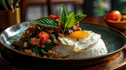 Sticker - Pad Krapow Moo Krob with steam rice, Holy Basil, crispy pork, and a fried egg, macro digital photography, masterpiece plating