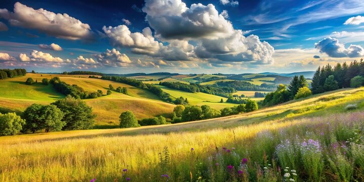Abstract summer hilly landscape with meadows, plants, blue sky, and clouds