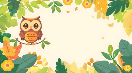 Wall Mural - Cute Cartoon Owl Bird in Autumn Garden with Floral Frame Design and Blank Space for Message