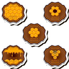 Illustration on theme for label of sugary flowing down honey in honeycomb with bee