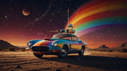 Wall Mural - A retro-style, rainbow-striped cartoon car equipped with rocket boosters and a trail of shimmering stars ai_generated