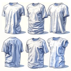 Various t-shirt icons outlined in blue on a white background.