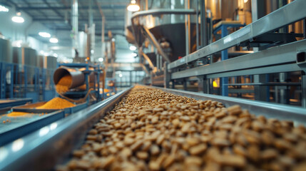 Machinery and equipment in a pet food factory, focused on producing dry dog food pellets