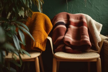 Wall Mural - three knitted sweaters on a chair by a green plant