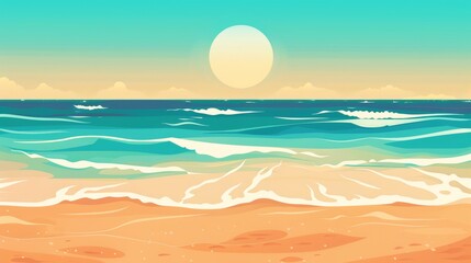 A serene ocean view with gentle waves hitting the sandy shore under a bright sun, creating a peaceful coastal atmosphere.