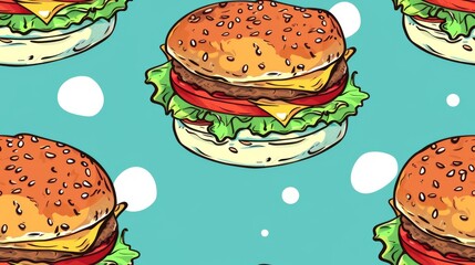 Illustration of stylized cartoon hamburgers with cheese, lettuce, and tomatoes on a bright teal backdrop with white dots