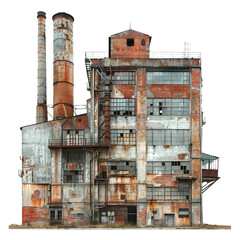 Abandoned industrial factory building with rusted structures, old windows, and weathered surfaces, showcasing urban decay and history.