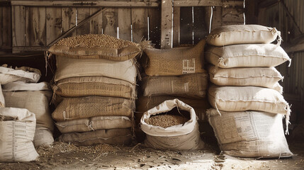 Wall Mural - Neatly stacked animal feed bags in a rustic barn setting, showcasing different sizes and designs,