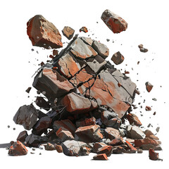 Dynamic image of shattered rocks and debris in mid-air, showcasing the power of destruction and fragmentation in a captivating scene.