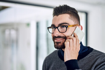 Aufkleber - Businessman, phone call and smile in office for conversation, communication and networking. Happy, technology and consultant in workplace for talking, listening and advice for client with glasses