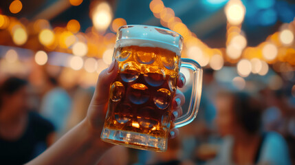 Wall Mural - Female hand holding beer mug in a lively festive setting.