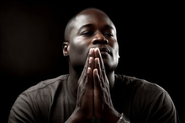 devout african or african american man prays. hands clasped