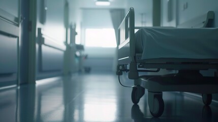 Poster - Empty hospital room, close-up in fog, no humans, soft focus, morning light 