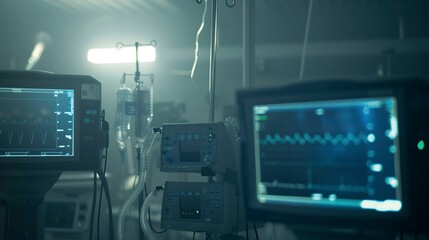 Poster - operating room monitor screens, close-up in dense fog, no people, soft focus, night lighting
