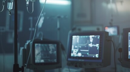 Wall Mural - Operating room monitor screens, close-up in dense fog, no people, soft focus, night lighting 