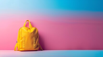 Wall Mural - Yellow school bag in front of an abstract pink to blue gradient background.