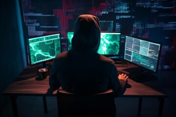 Wall Mural - hacker man working on computers in dark room