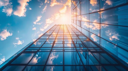 Looking up at a skyscraper, its glass facade reflecting the sun and clouds, a lone green tree stands at its base, symbolizing the harmony between nature and modern architecture in an eco-friendly