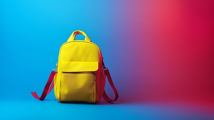 Wall Mural - Yellow school bag isolated on a smooth gradient of blue to red.