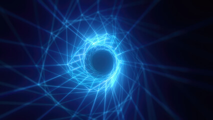 Poster - Abstract bright blue glowing background with a tunnel of lines and stripes of energy of burning rays of plasma and electricity with light