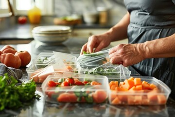 Wall Mural - A lifestyle image of a person using reusable silicone food storage bags to pack a lunch in a modern kitchen, with a focus on the process of filling, sealing, and storing the bags