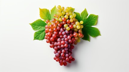 Bunch of colorful grapes with green leaves on white background, showcasing fresh and vibrant fruits. Ideal for healthy living and food concepts.