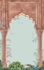 Wall Mural - Mughal garden with arch, peacock, palace, tree illustration for wedding invitation