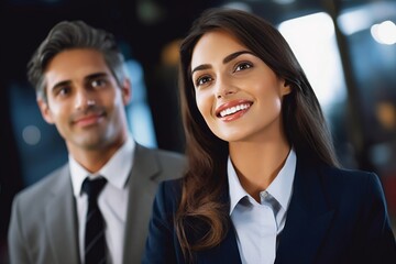 Poster - portrait of a businesswoman smiling with two businessmen beside her