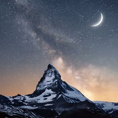 Wall Mural - the night sky over the snow covered mountains and moon, with the milky shining above