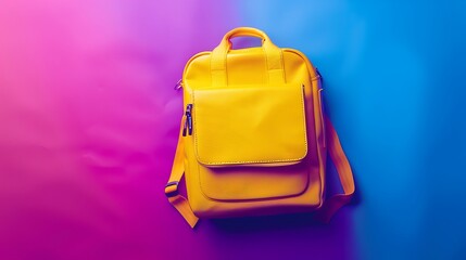 Wall Mural - Yellow school bag on a vibrant gradient of purple to blue shades.
