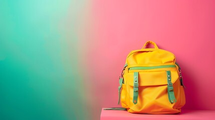 Wall Mural - Yellow school bag on an abstract background of pink to green gradient.