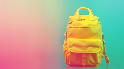 Wall Mural - Yellow school bag on an abstract background of pink to green gradient.