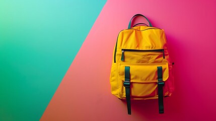 Wall Mural - Yellow school bag on an abstract background of pink to green gradient.