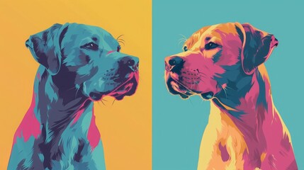 Wall Mural - Colorful pop art illustration of a dog's profile. Dual-tone background with contrasting vibrant colors, perfect for modern and contemporary decor.
