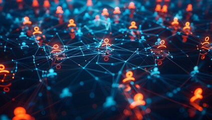 Poster - Abstract background with social network connections, people icons and data connections in dark blue colors on a black background
