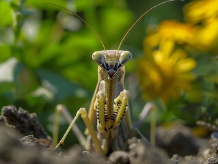 closeup of a praying mantis hiding in a lush garden foliage