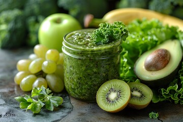 Green health smoothie in glass jar. Kale leaves, lime, apple, kiwi, grapes, banana, avocado, lettuce. Vegan food concept.