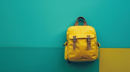Wall Mural - Yellow school bag set on a dreamy gradient of blue and green hues.