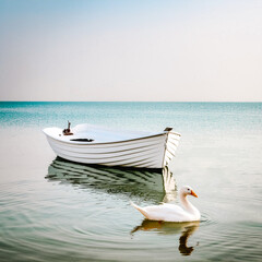 Wall Mural - arque blanche vide sur l'eau avec un canard blanc